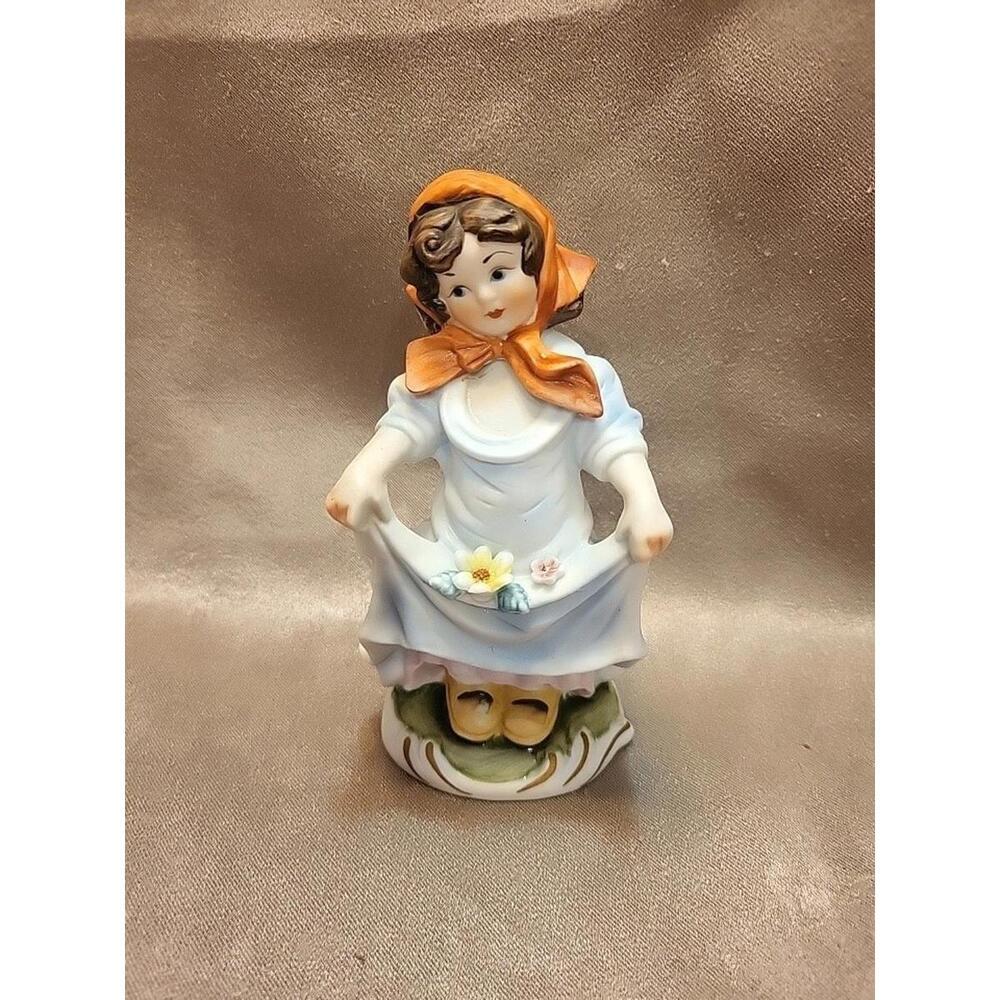 Vintage Ceramic Figurine - Girl With Red Scarf Holding Flowers in Her Dress - Picture 1 of 10